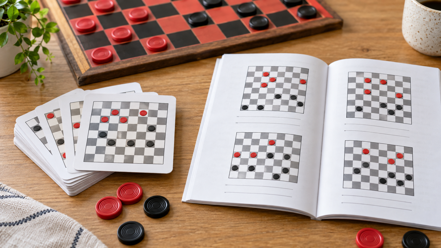 A stack of checkers position cards beside an open puzzle workbook, loose red and black pieces, and a checkerboard ready for practice