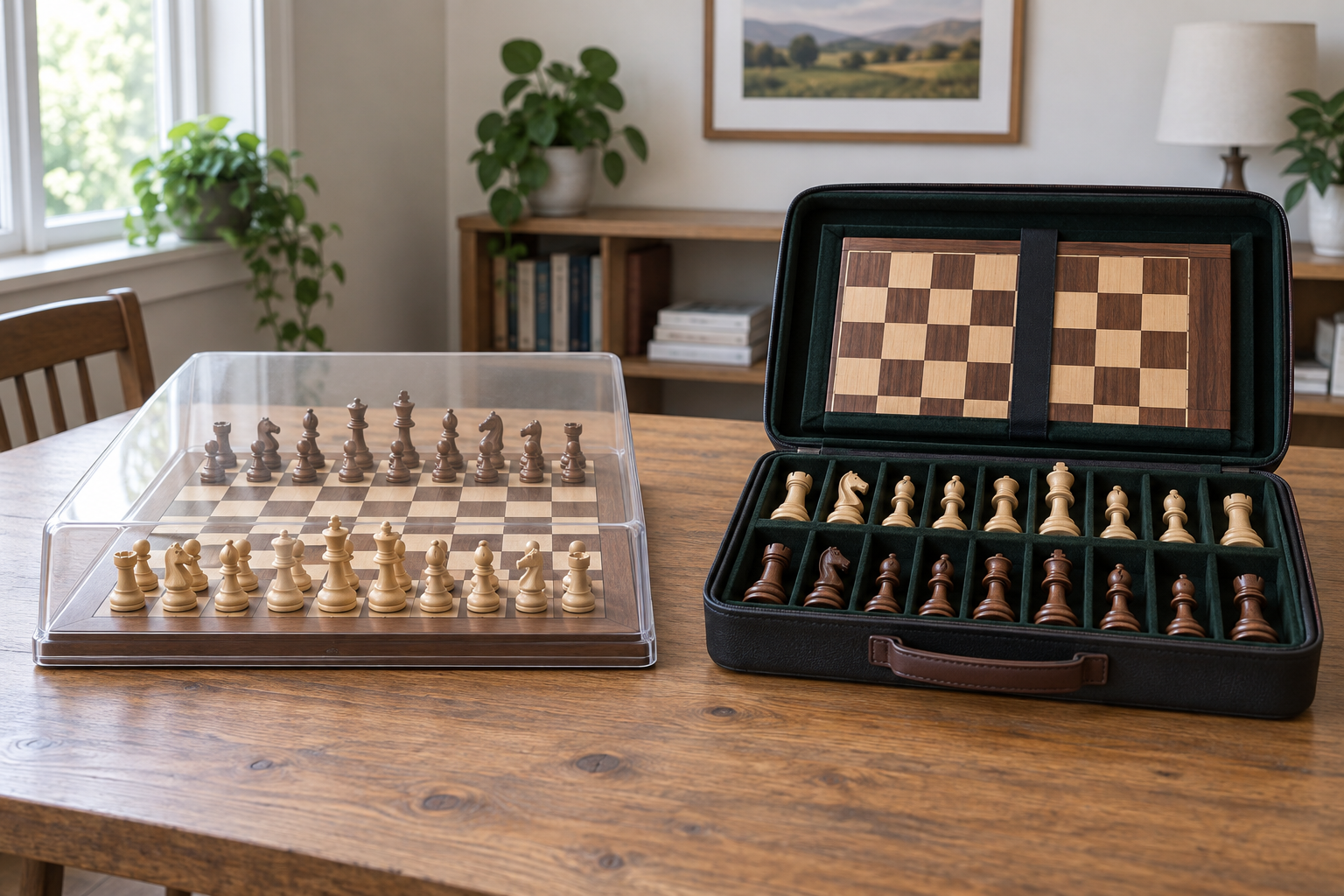 An assembled wooden chess set beneath a clear dust cover beside an open full storage case holding a board and pieces