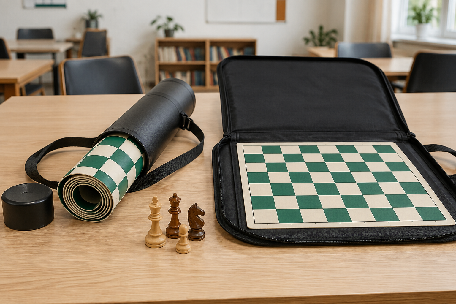 Black storage tube holding a rolled green-and-cream chess board beside a flat zippered portfolio holding another flexible board on a club table