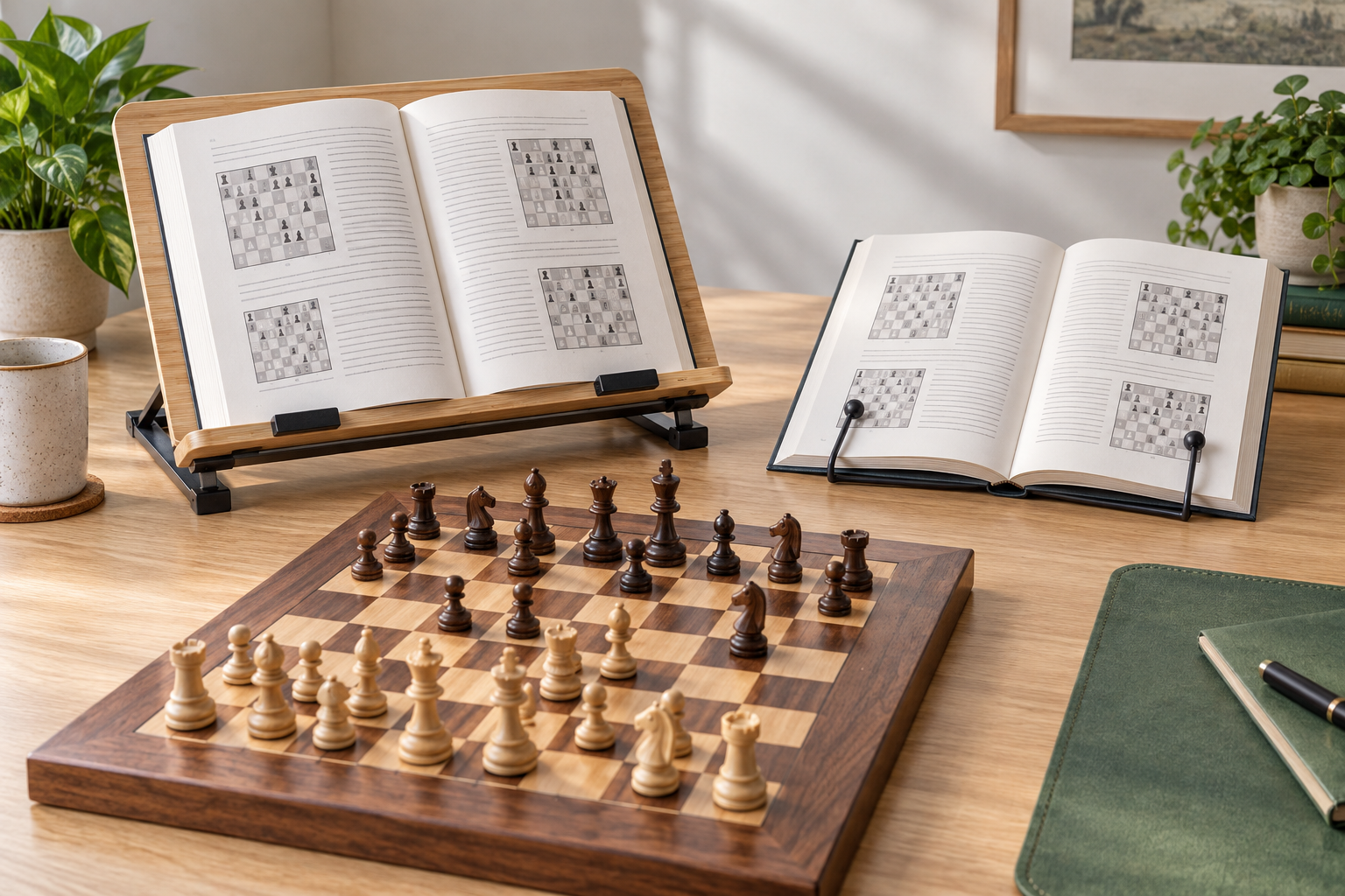 Angled wooden book stand on the left and compact metal page holder on the right keeping chess study books open beside a wooden chessboard