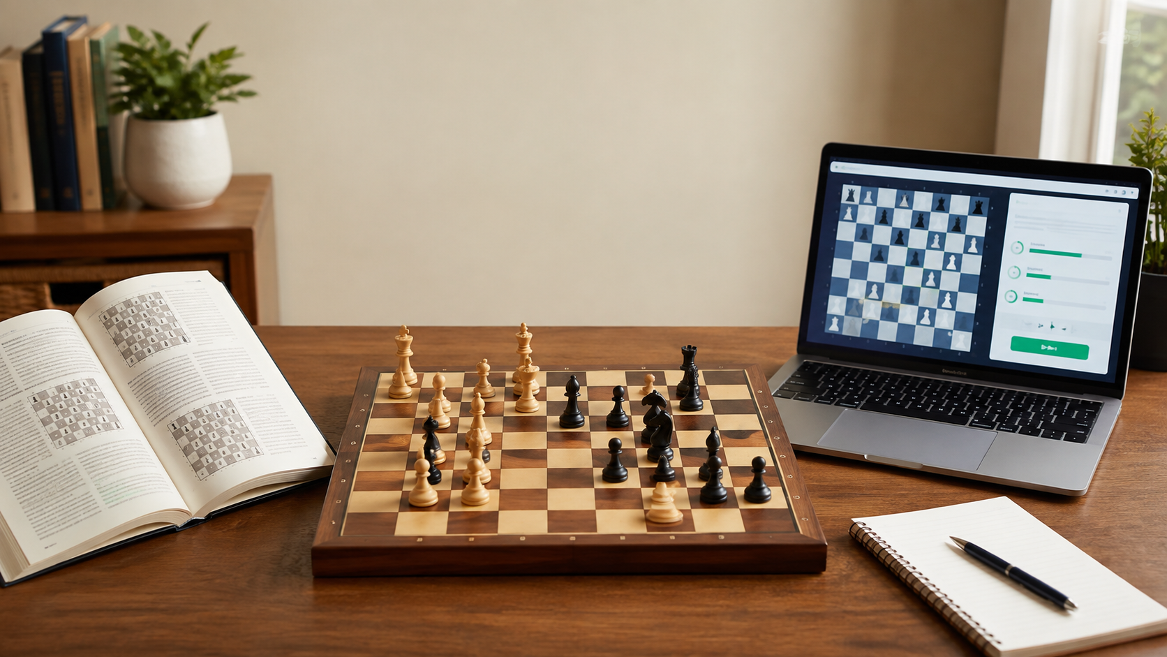 An open beginner chess book and a generic online lesson on a laptop arranged beside a physical chessboard for comparing study formats