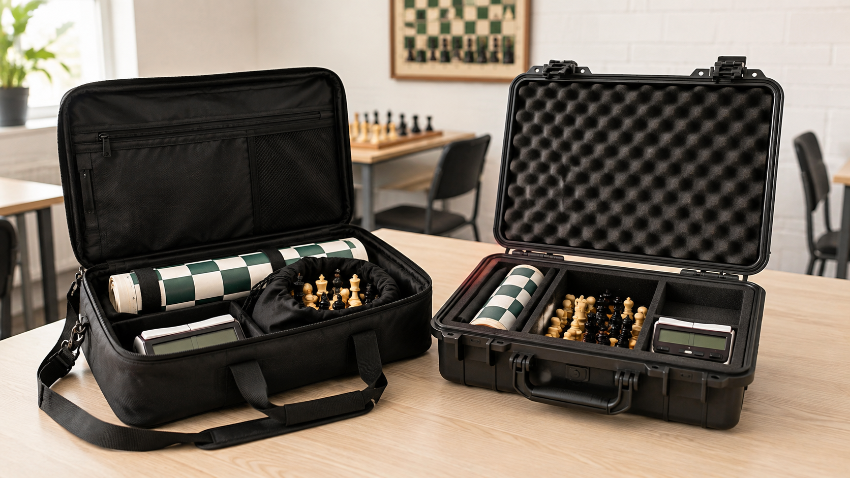 An open soft padded chess carrying bag and an open hard-sided case packed with comparable roll-up boards, chess pieces, and clocks for club transport