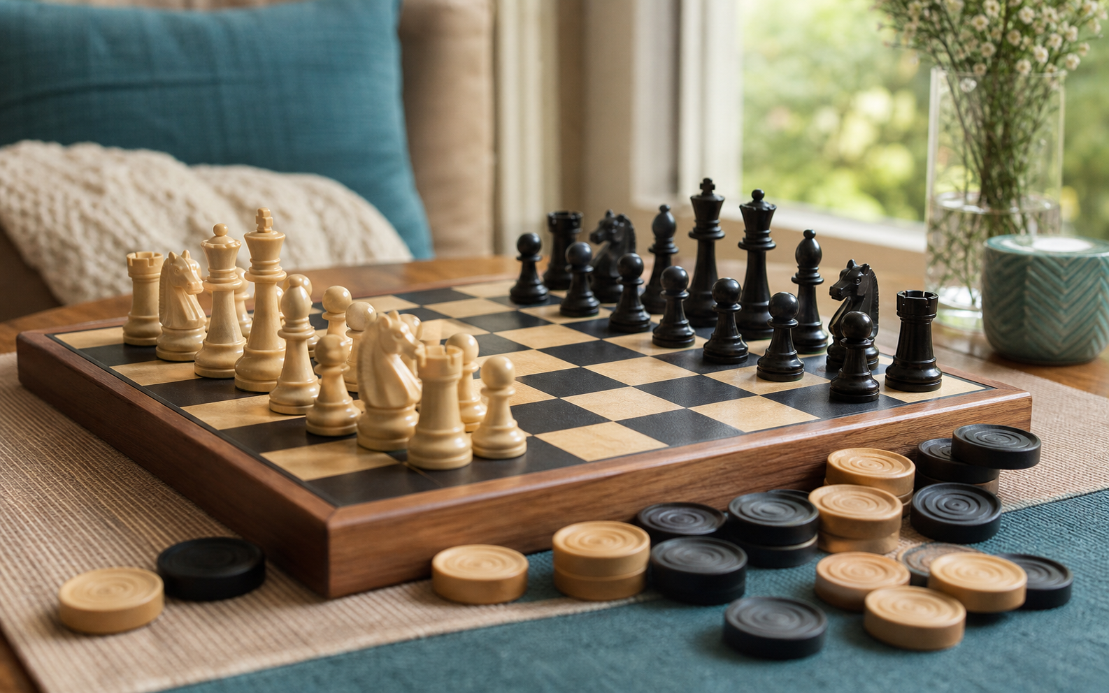 Real chess and checkers combo set on a home table with wooden chess pieces and checkers for comparing beginner set features