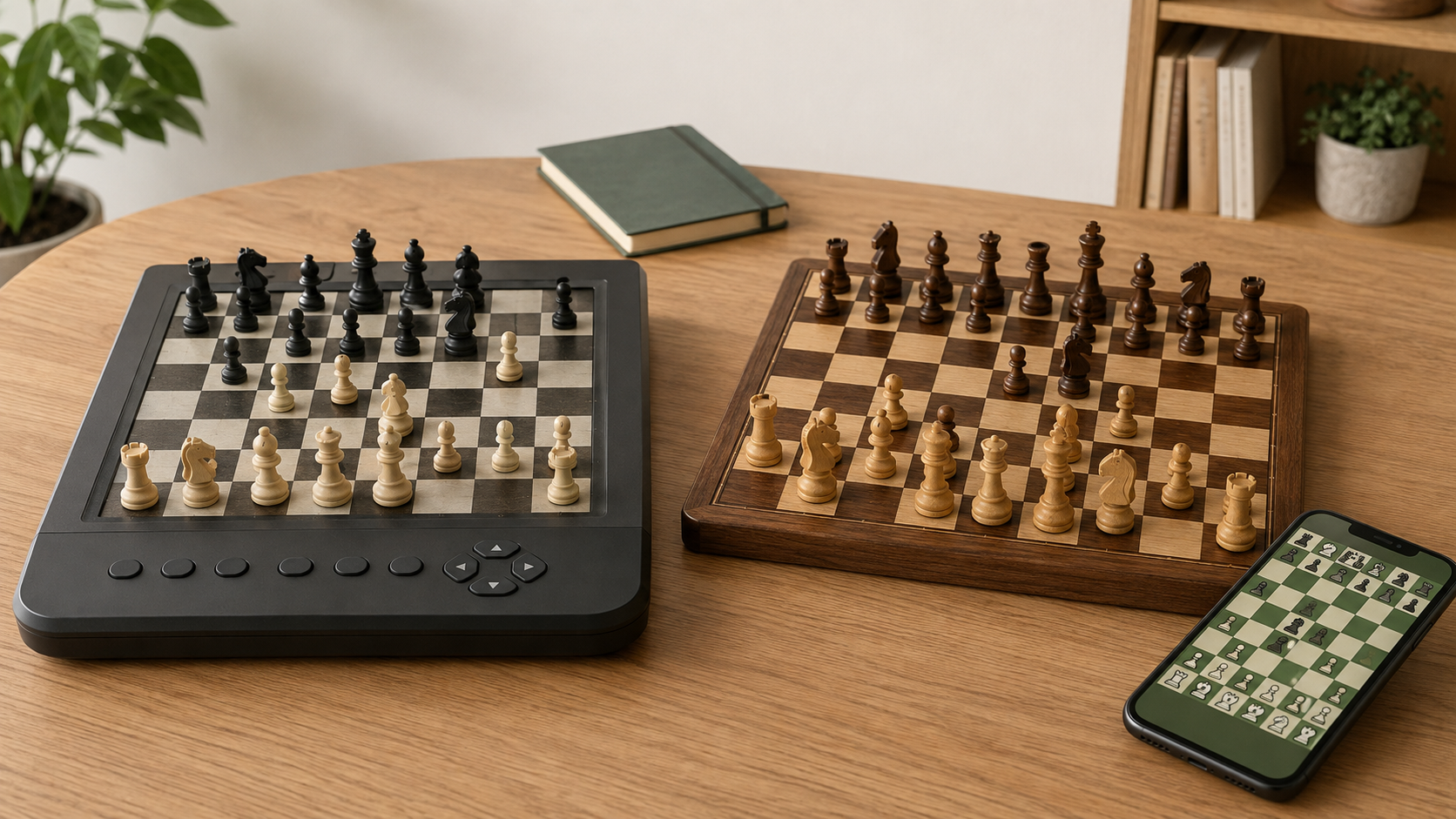 A generic dedicated tabletop chess computer compared beside a wooden chessboard and a phone displaying an unbranded chess app, showing the two offline-practice formats