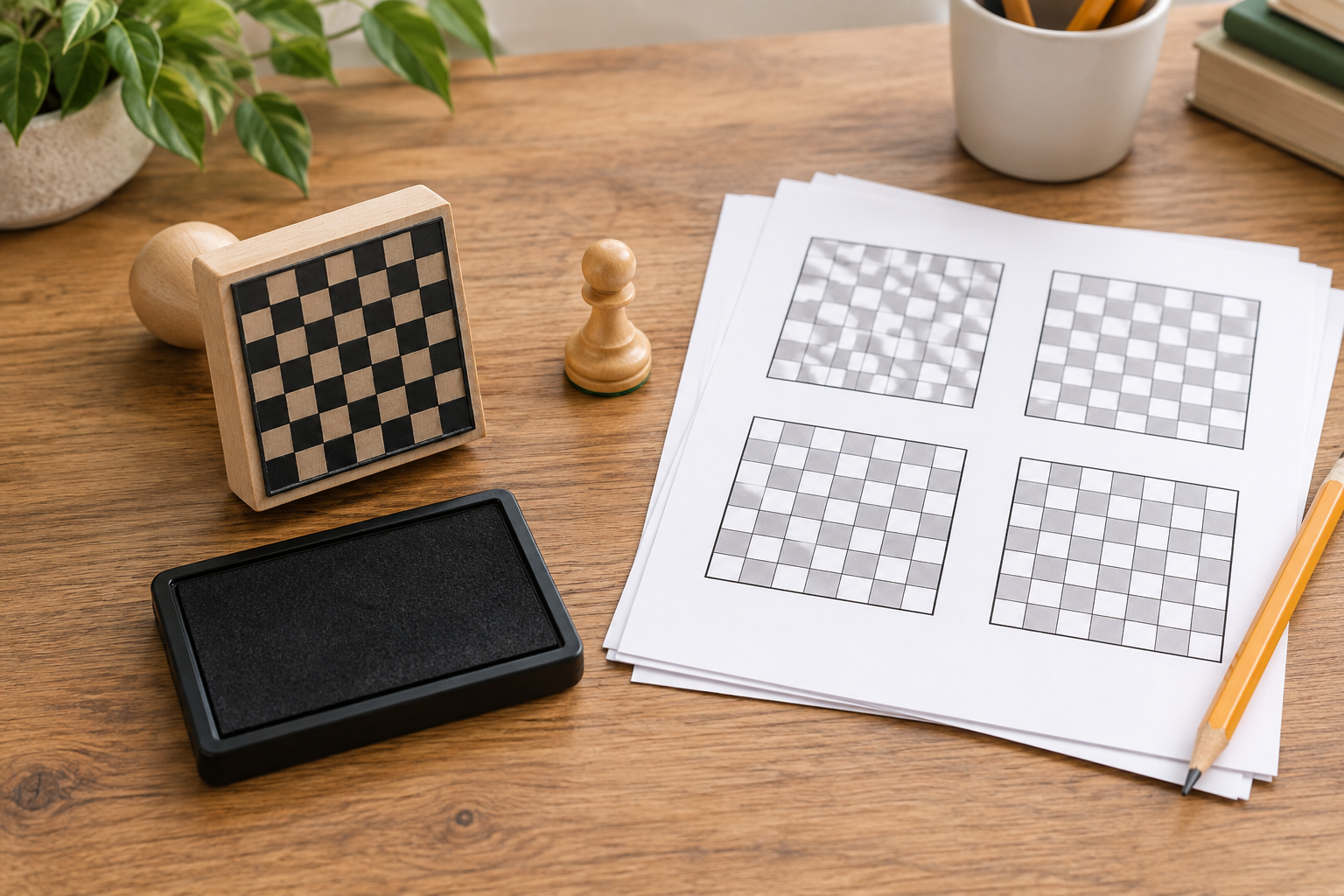 Blank chessboard rubber stamp and ink pad beside printable sheets with empty chess diagrams on a teacher worktable