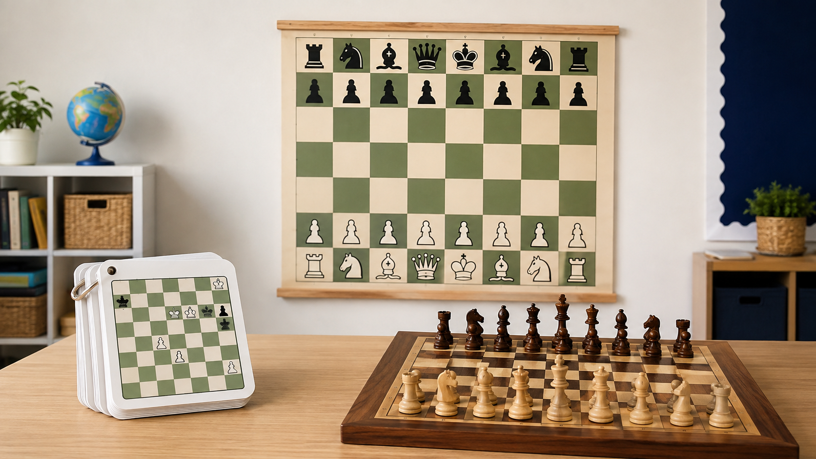A large unbranded chess lesson poster above a classroom table with reusable chess flash cards and a wooden board, showing the scale difference between group reference and hands-on prompts