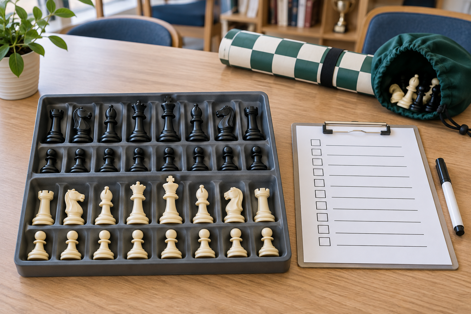 A complete black and ivory chess set arranged in a fitted counting tray beside a clipboard with a reusable checkbox inventory sheet