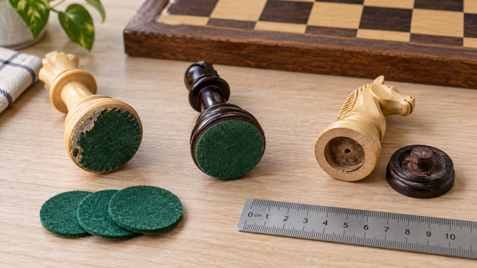 Worn wooden chess-piece bases beside green replacement felt circles, a separate base assembly, and a metric ruler for diagnosing the needed repair