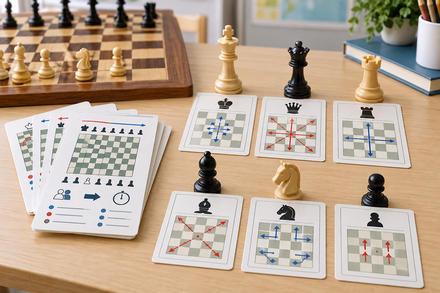 Compact unbranded chess rule reference cards on the left and individual piece movement cards paired with wooden chess pieces on the right