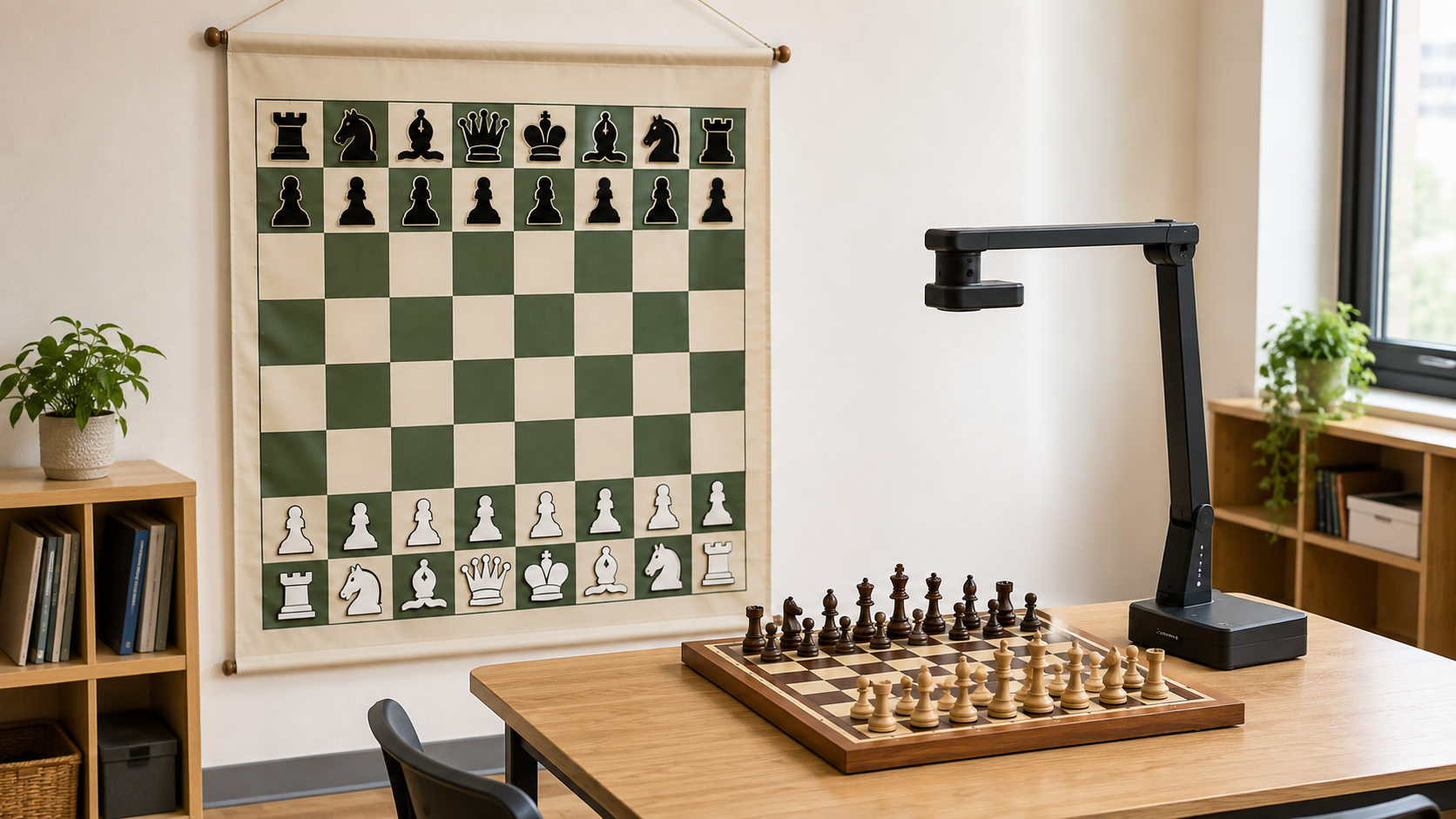 A hanging demonstration chess board beside a document camera positioned over a tabletop chess board in a bright teaching room