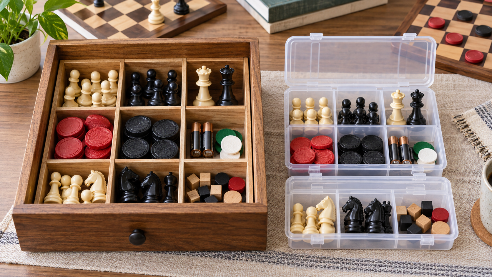 Spare pawns, queens, red and black checkers, batteries, and markers sorted in a divided wooden drawer beside clear lidded small-parts boxes