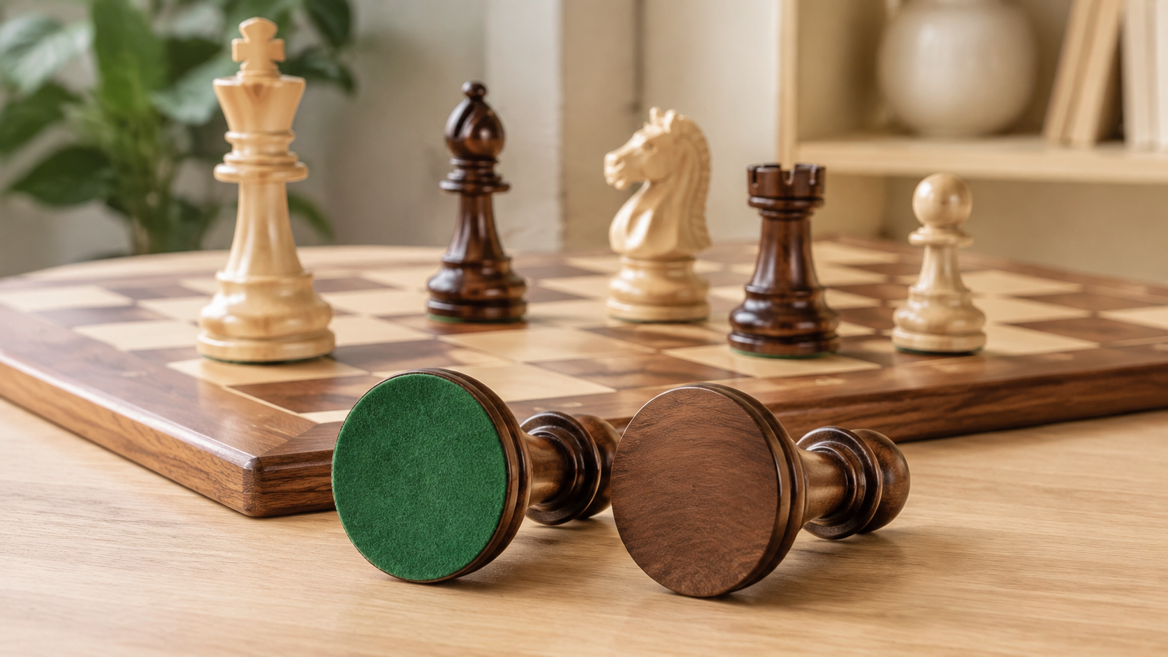 Two wooden chess pieces resting on their sides to compare a fitted green felt base with a smooth bare wooden base beside a wooden chessboard