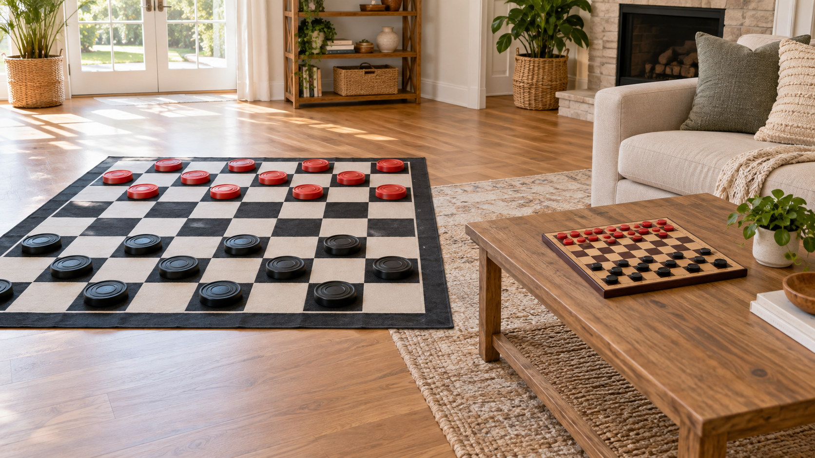 Large floor checkers mat with oversized pieces beside a standard tabletop checkers board, showing their different space and play positions