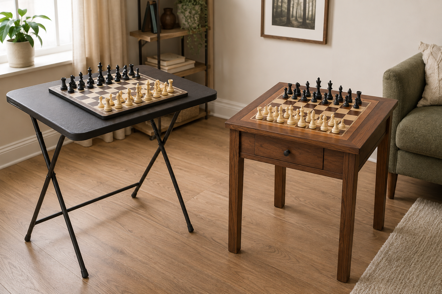 A folding game table with a removable chessboard and a compact dedicated wooden chess table shown side by side in a small living room
