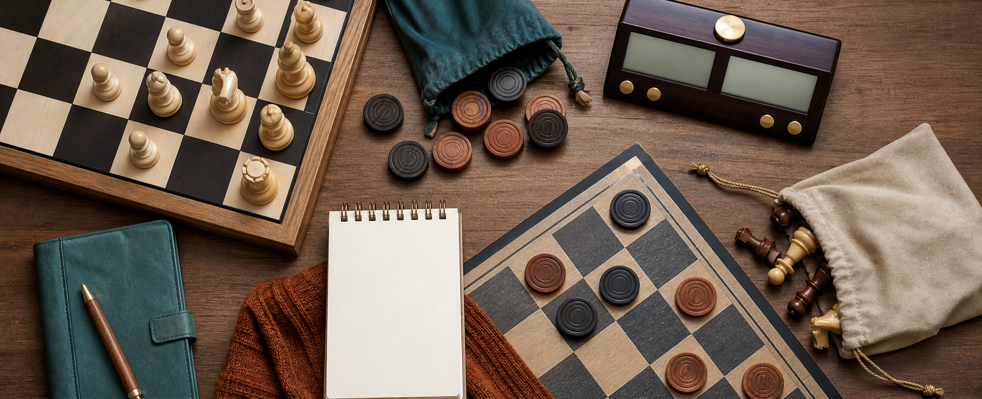 Real chess and checkers pieces with storage bags and accessories for organizing family game gear