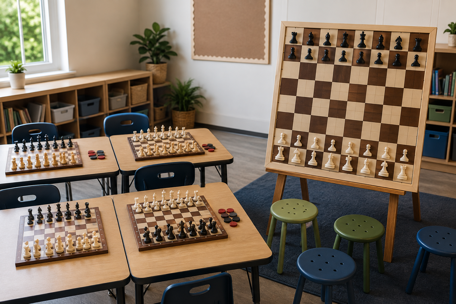 Several ordinary tabletop chess and checkers boards arranged for learner pairs beside one large upright demonstration chess board in a bright classroom