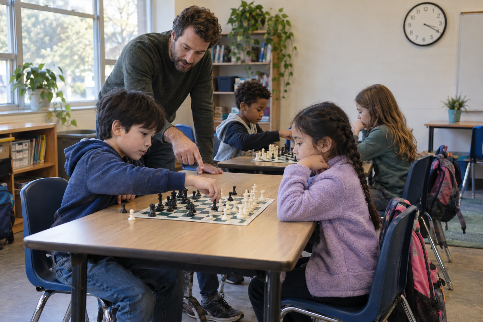 A small group of children playing chess in pairs while an instructor helps during an after-school session