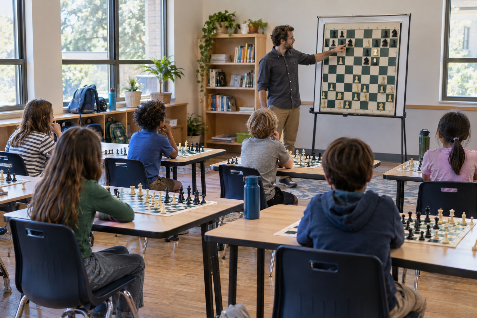 Children at individual chess boards watching an instructor use a large demonstration board in a bright classroom, showing the group format a caregiver should verify
