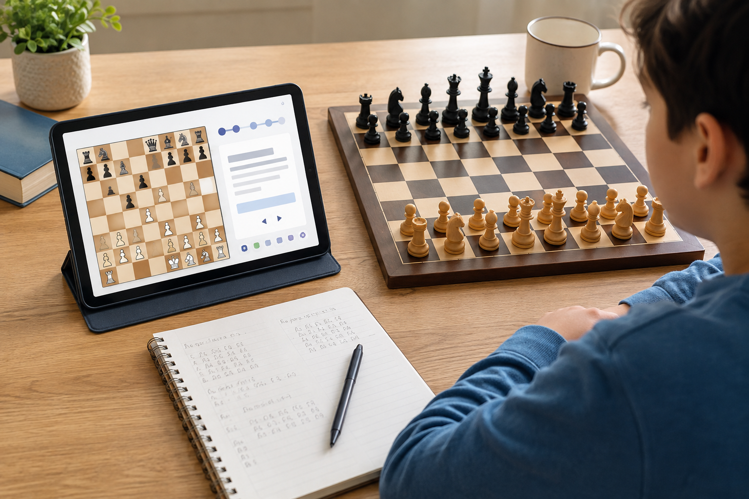 A beginner comparing a generic tablet chess lesson with a physical chessboard and handwritten practice notebook