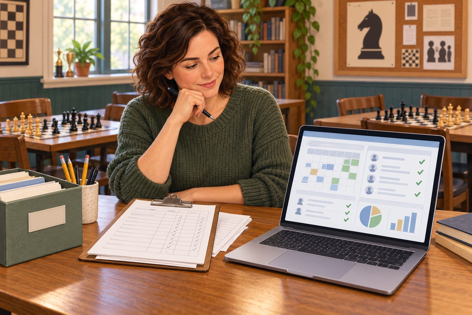 Illustration of a volunteer chess club organizer comparing a paper attendance sheet with a generic software dashboard while chess boards sit on club tables