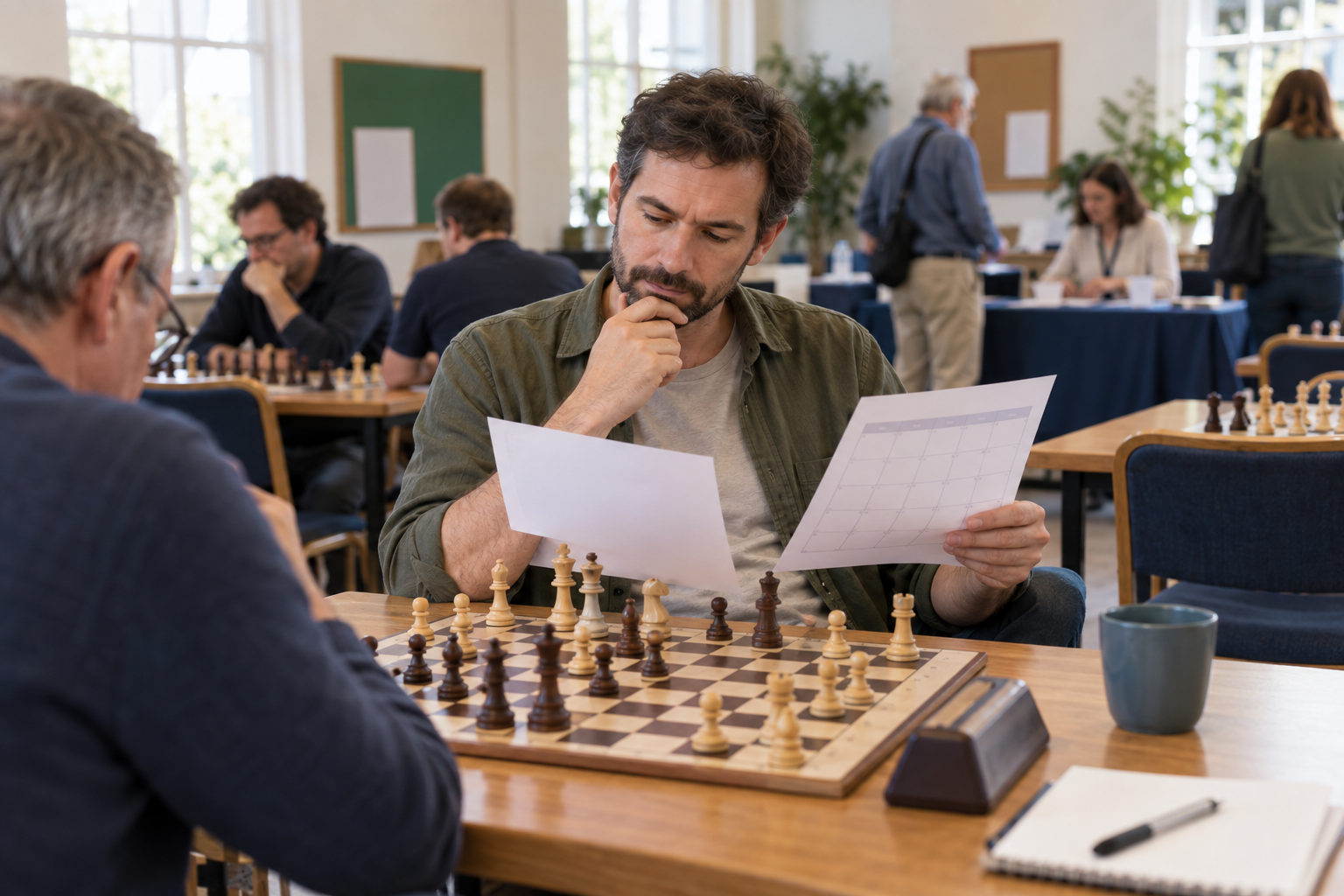 Casual chess player comparing blank membership information and an event calendar while seated at a board in a community chess venue