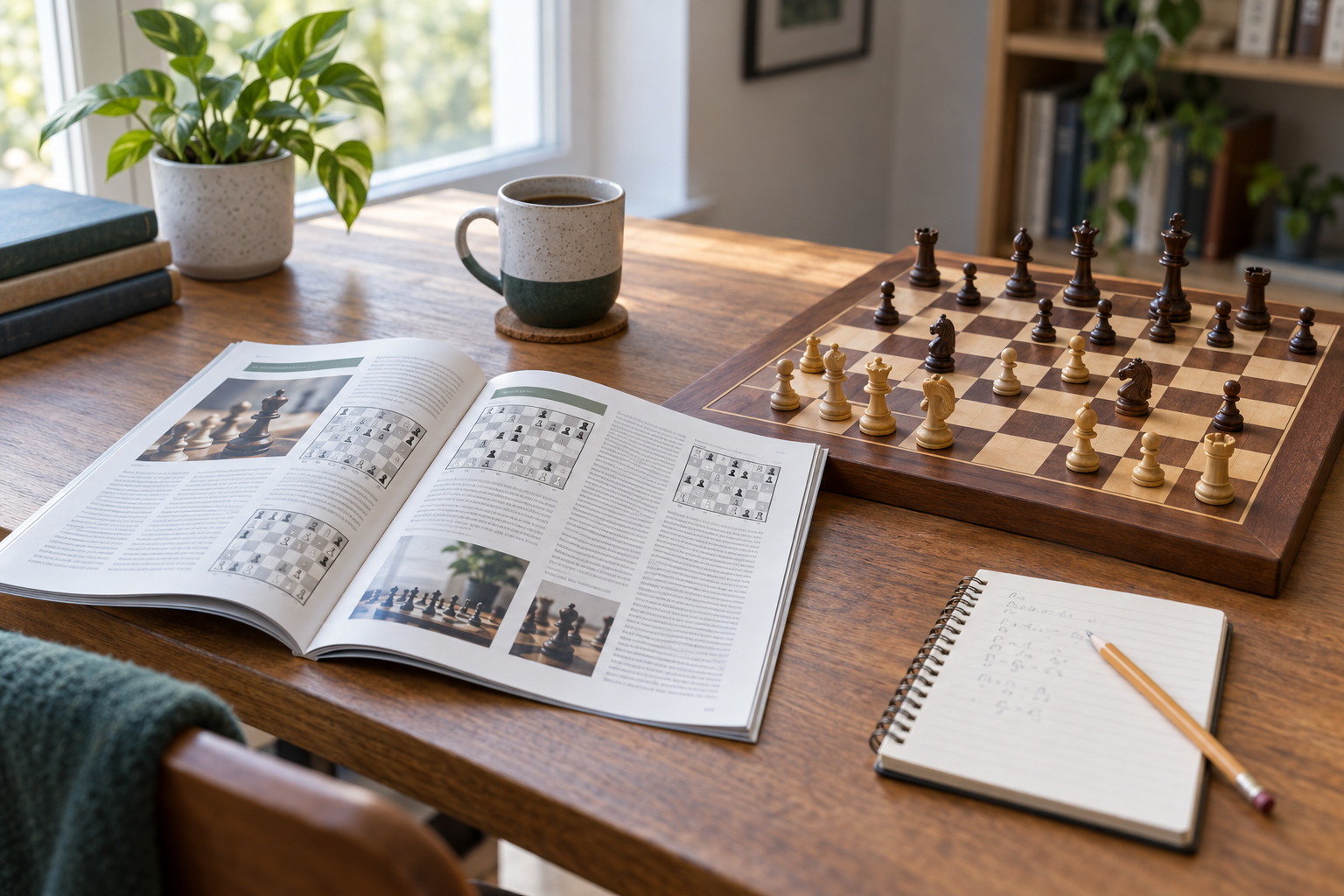 Open generic chess magazine beside a wooden chessboard, pencil, and study notebook on a bright home table