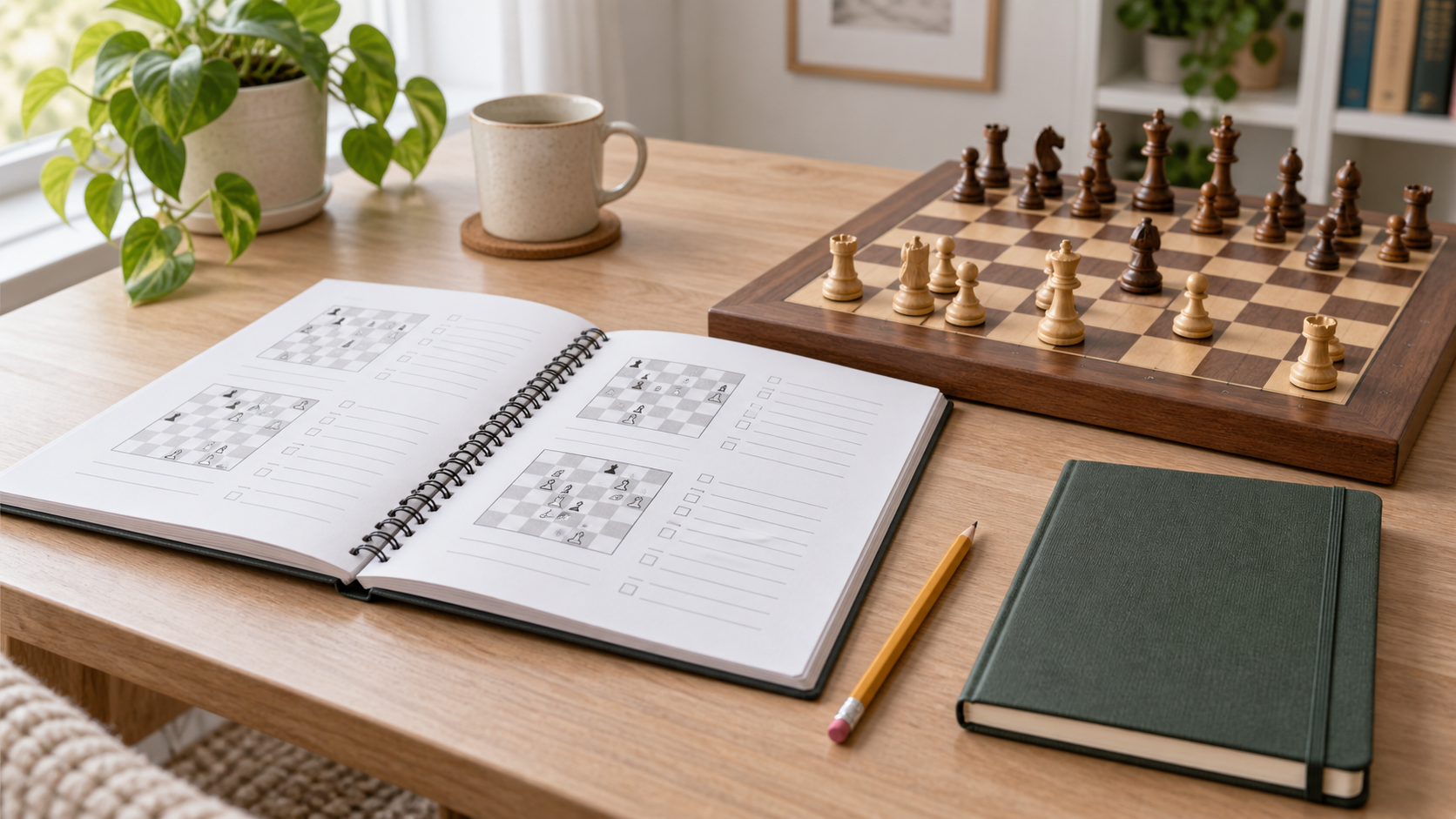 Open spiral-bound chess notation workbook with diagram exercises beside a wooden chessboard, pencil, and plain scorebook