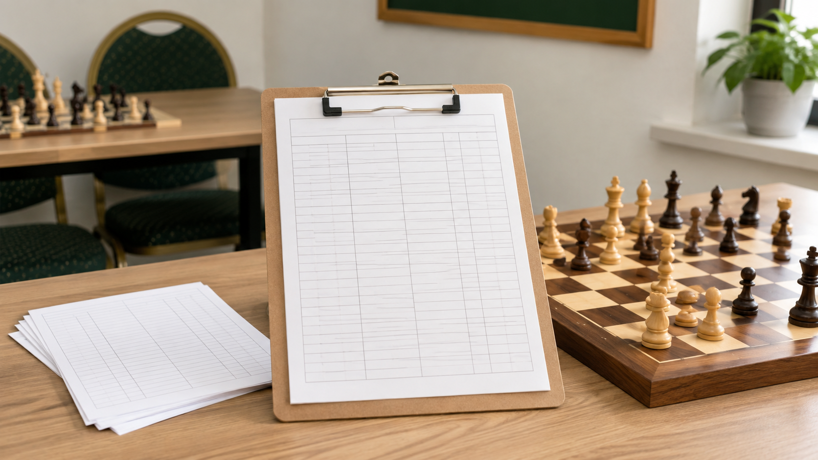 Letter-size clipboard holding a blank chess score sheet beside a wooden chessboard and a small stack of loose forms in a bright club room
