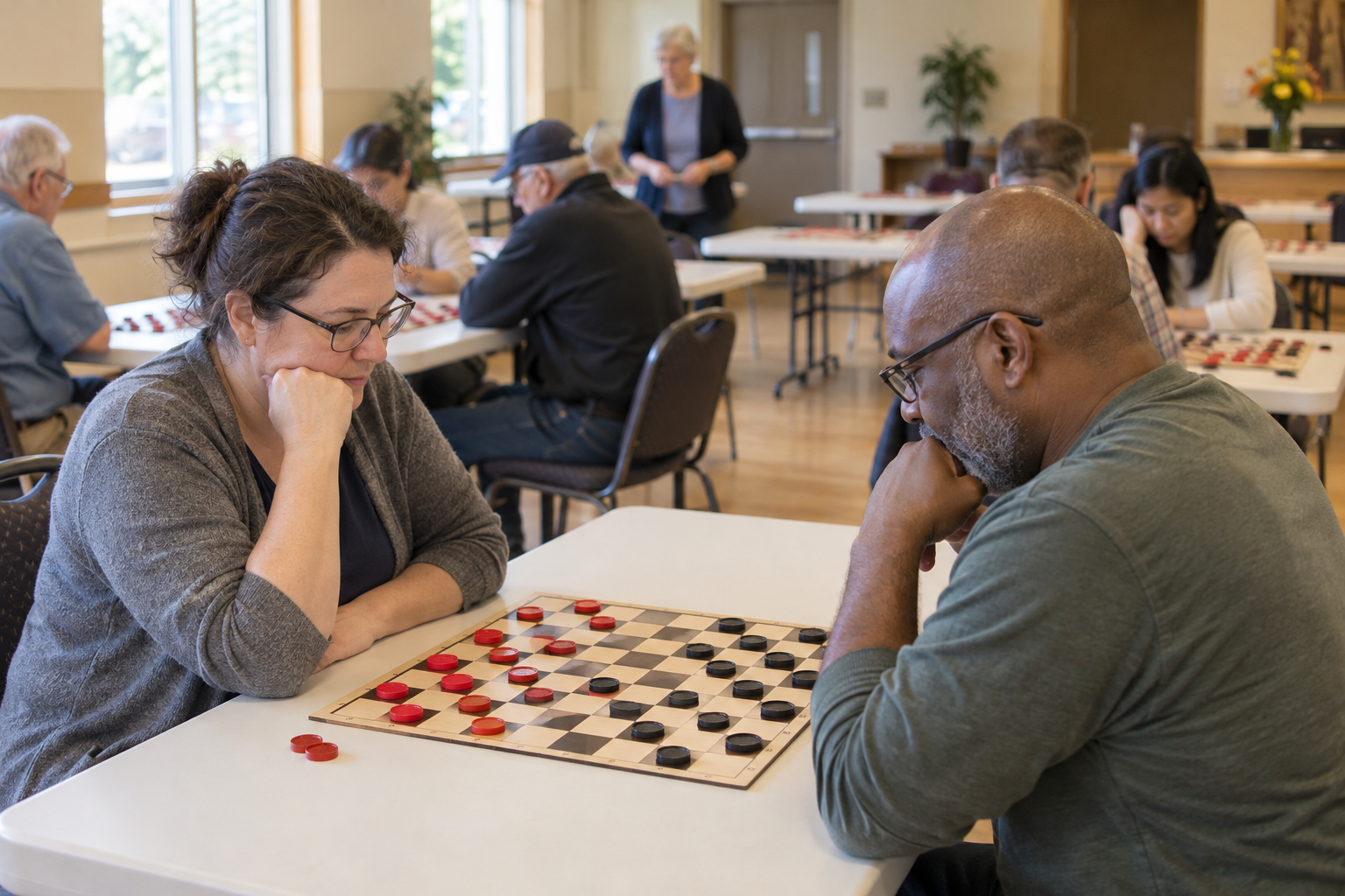 Two adults considering a checkers position at a table while other games continue in a bright community tournament room