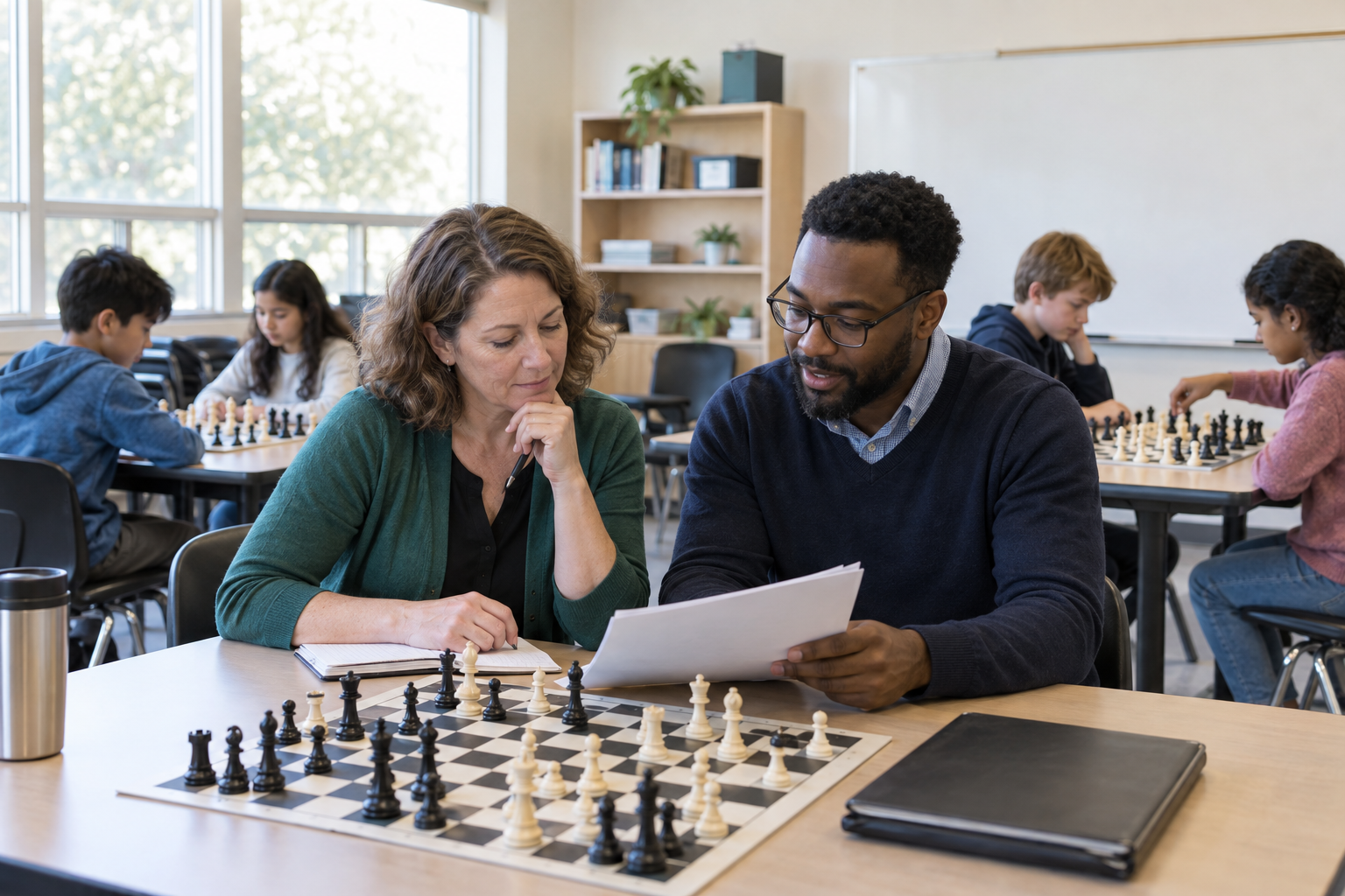 A school club organizer and prospective chess instructor reviewing a lesson plan while students play at classroom chessboards