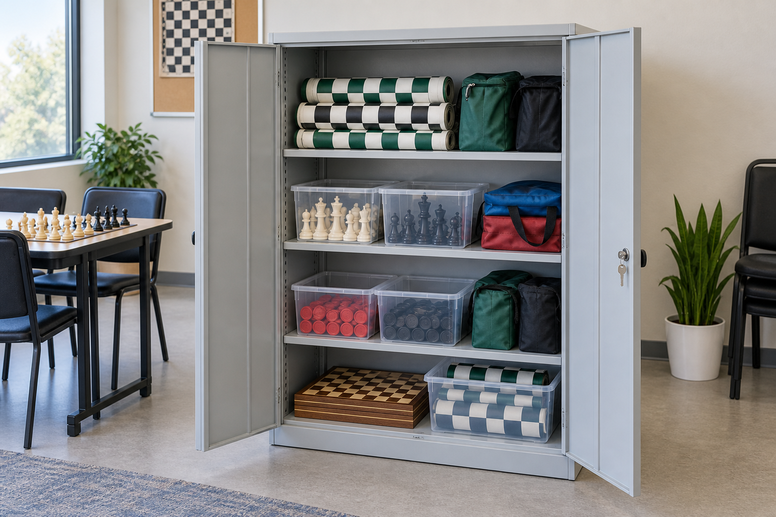 An open locking steel cabinet organized with rolled chess and checkers boards, clear piece bins, and club set bags on adjustable shelves