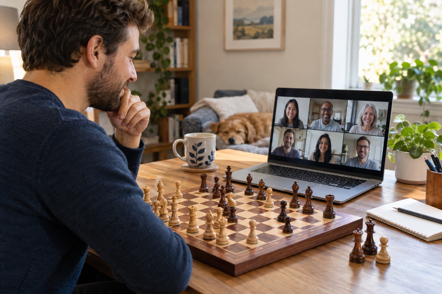 Adult beginner using a wooden chessboard while meeting a friendly online chess group by video from home
