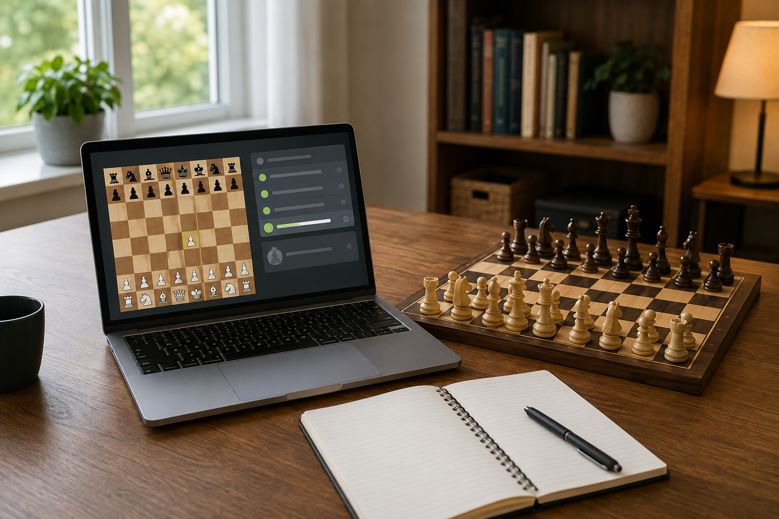 A laptop showing a generic structured chess lesson beside a physical chessboard and an open practice notebook for comparing study formats