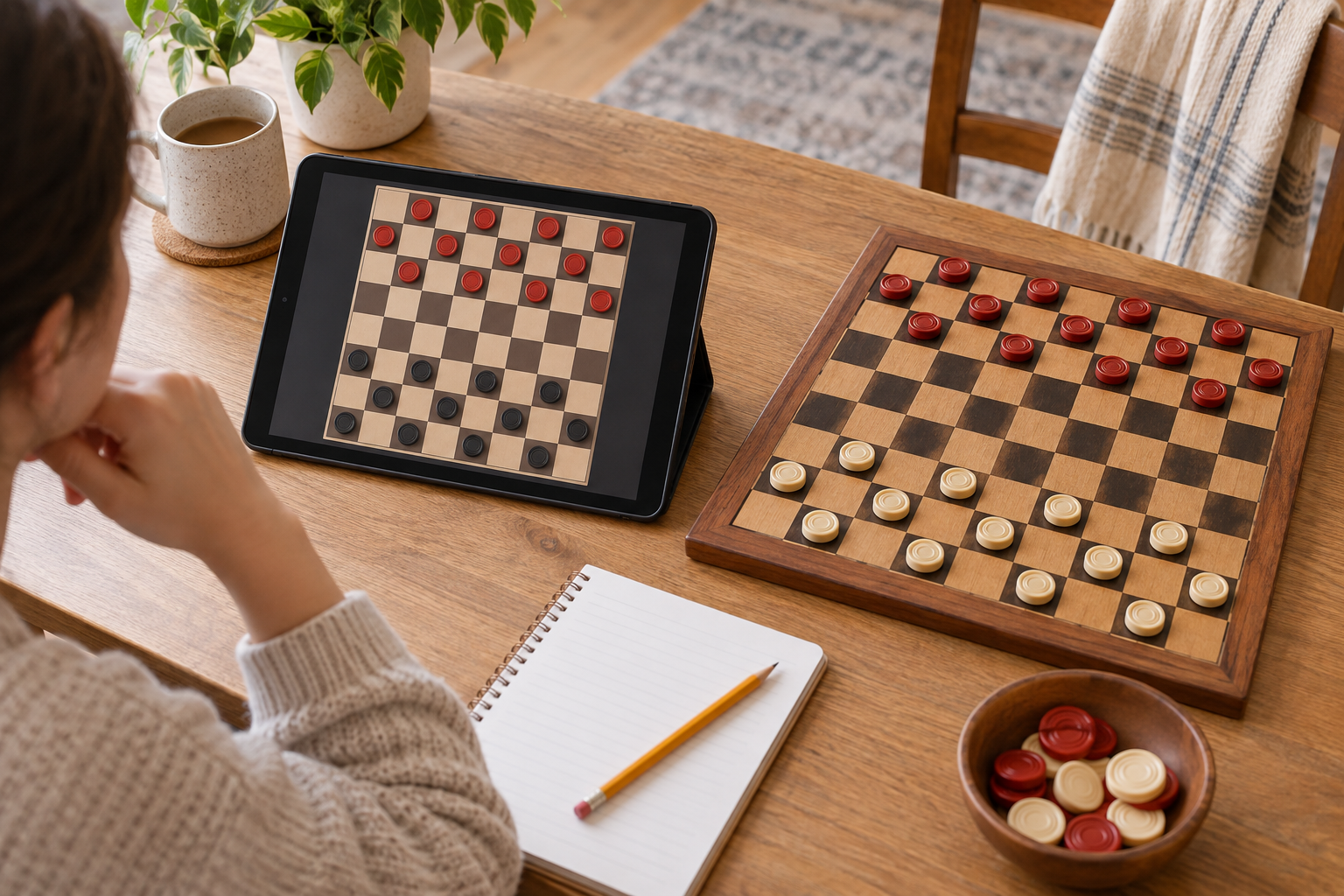 A casual player comparing an unbranded checkers app on a tablet with a physical checkerboard, spare pieces, and a blank notebook
