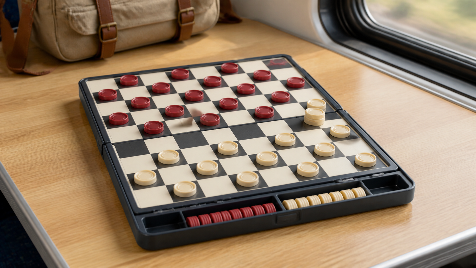 Compact folding checkers set with high-contrast squares, stackable kings, and built-in piece storage on a train table