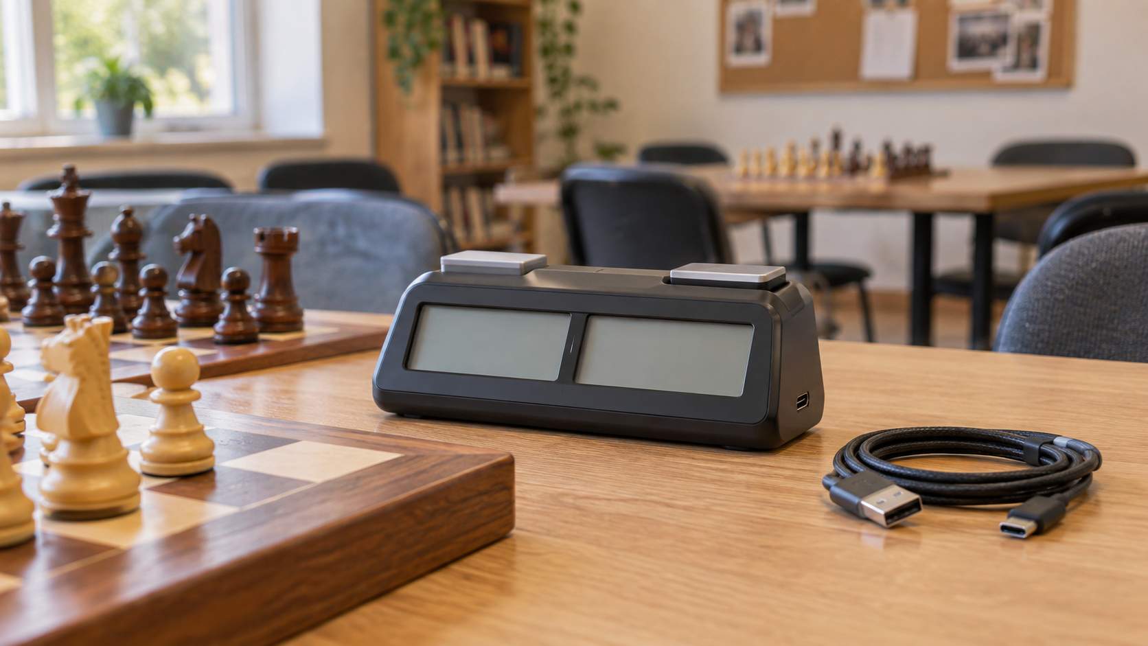 Unbranded rechargeable digital chess clock with a USB cable beside a wooden chessboard in a bright casual club room
