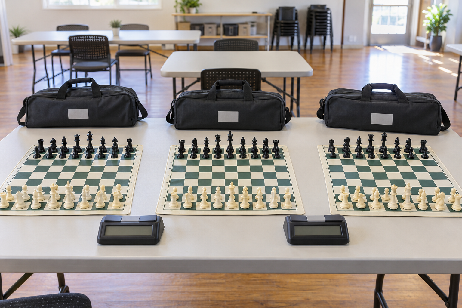 Three matched chess boards, complete-looking piece sets, two clocks, and labeled carrying bags laid out for a community event inventory check