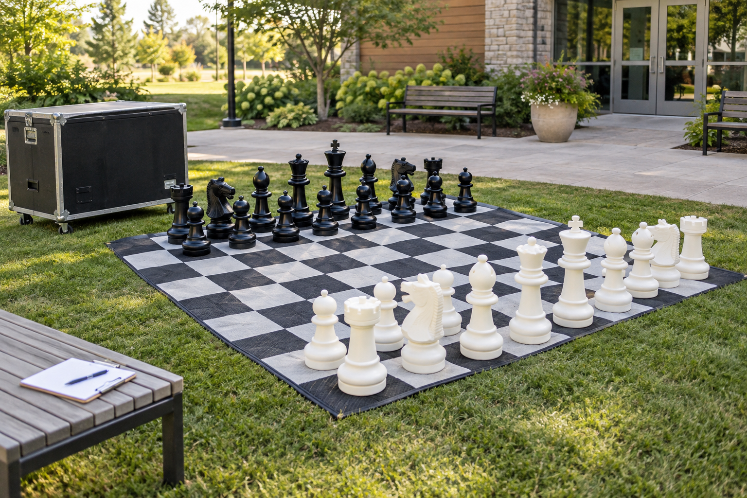 Giant black and ivory chess pieces on a full outdoor board beside a wheeled transport case and event checklist for judging space, setup, and return work