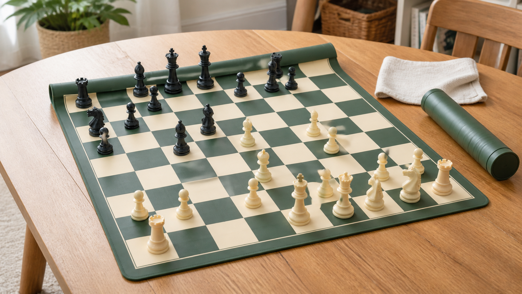 Flexible green-and-cream silicone chess board with readable pieces, cleaning cloth, and storage tube on a family dining table