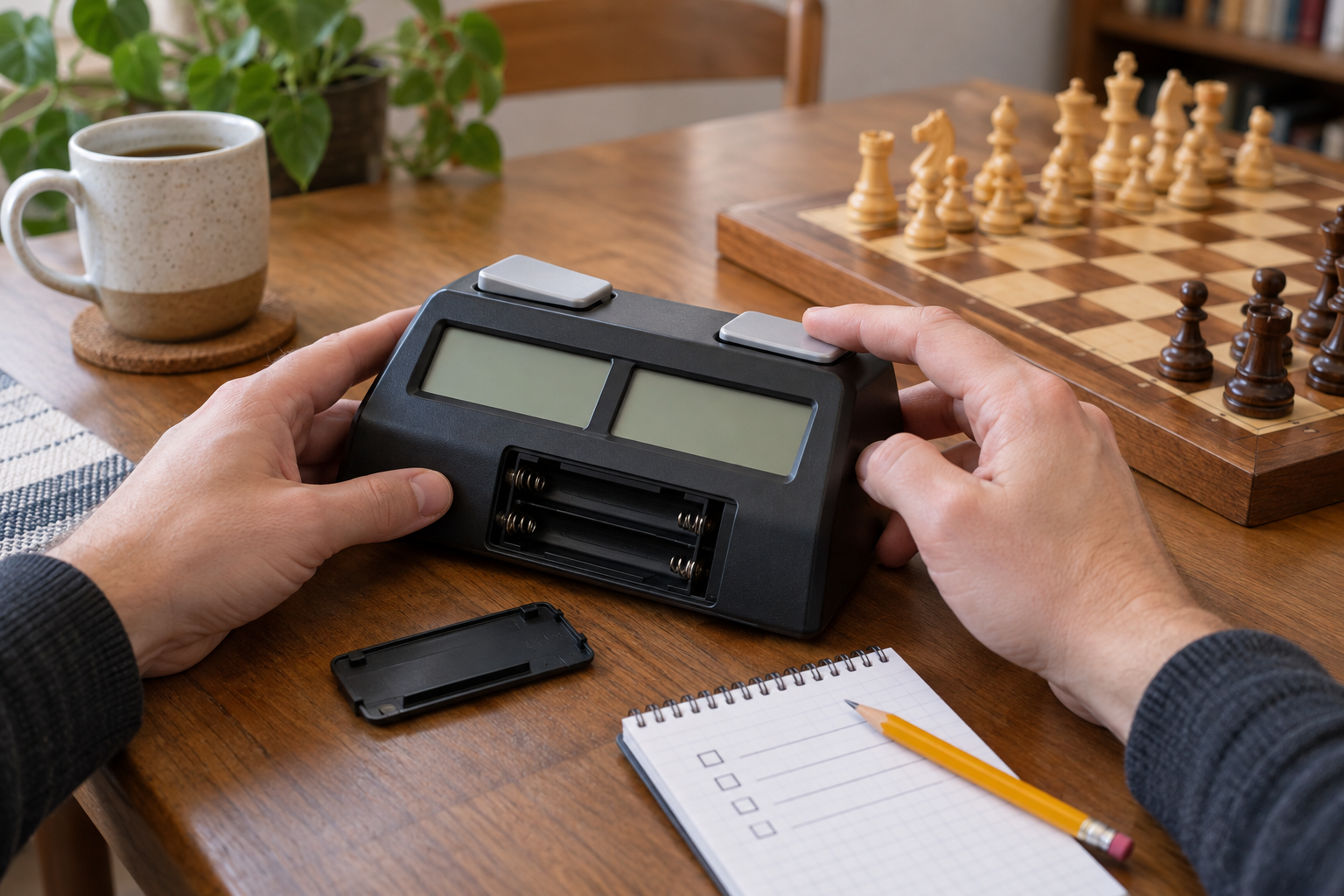 A buyer inspecting the controls and clean, empty battery compartment of an unbranded digital chess clock beside a chessboard and checklist