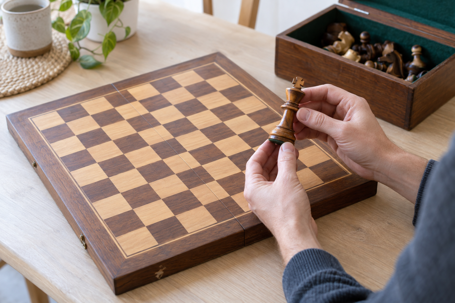 A buyer checking the base and felt of a wooden chess king beside an empty folding chessboard and open piece box