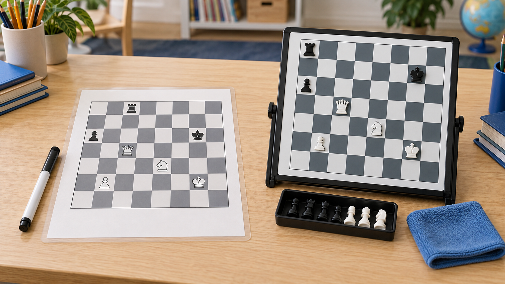 Letter-size laminated chess worksheet beside a tabletop dry-erase chess demonstration board, with markers and a cleaning cloth for comparing reusable lesson formats