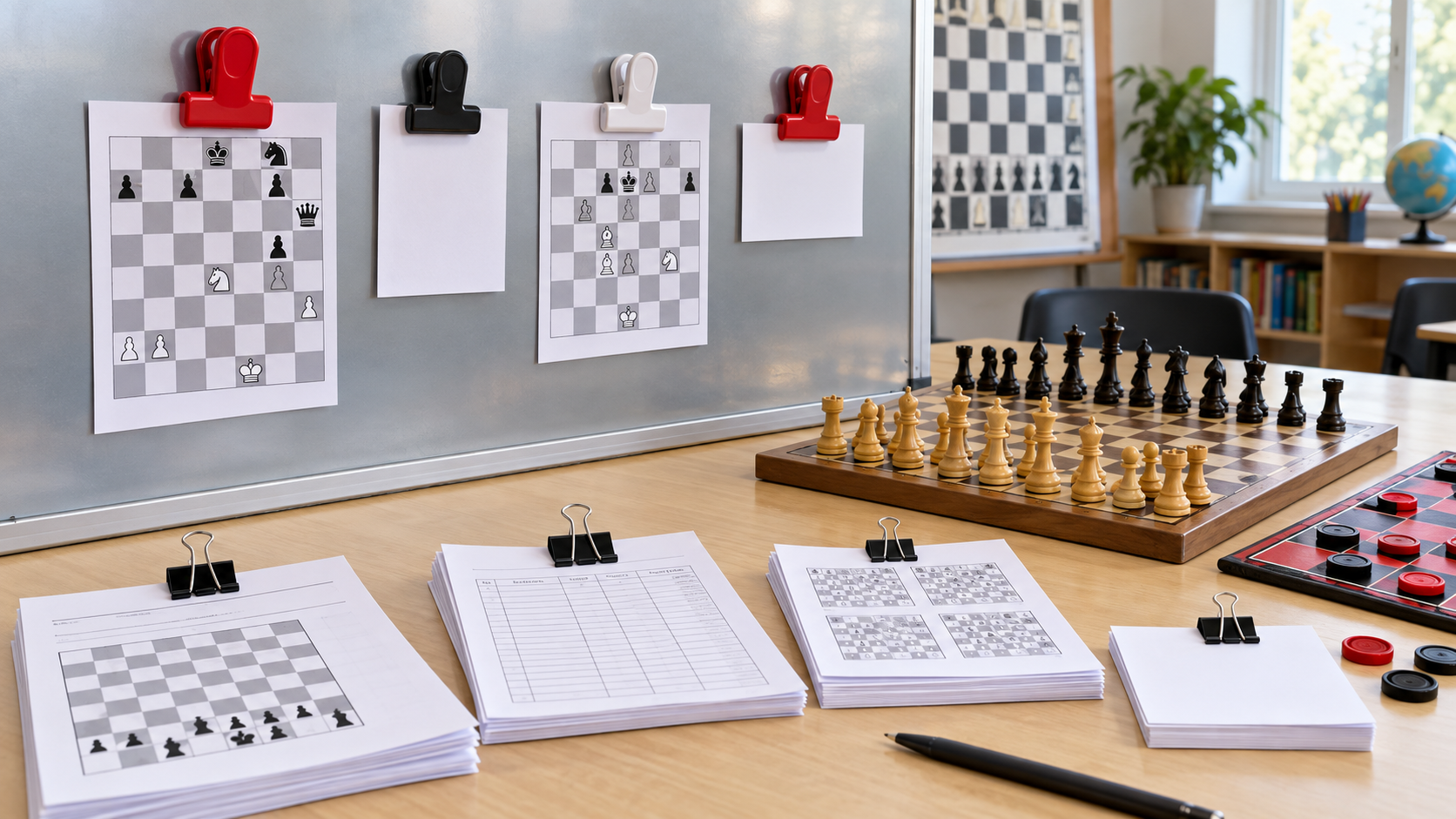 Magnetic clips displaying chess diagrams on a steel teaching board while binder clips group chess and checkers lesson sheets on a classroom table