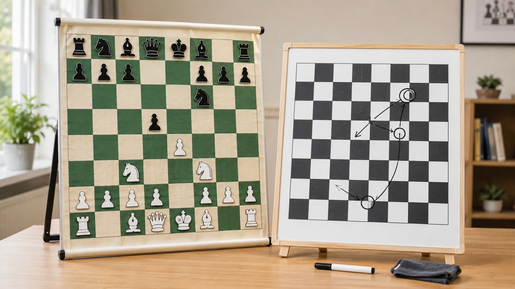 Upright magnetic demonstration chess board with movable pieces beside a freestanding dry-erase chess diagram board with arrows for comparing group lesson formats