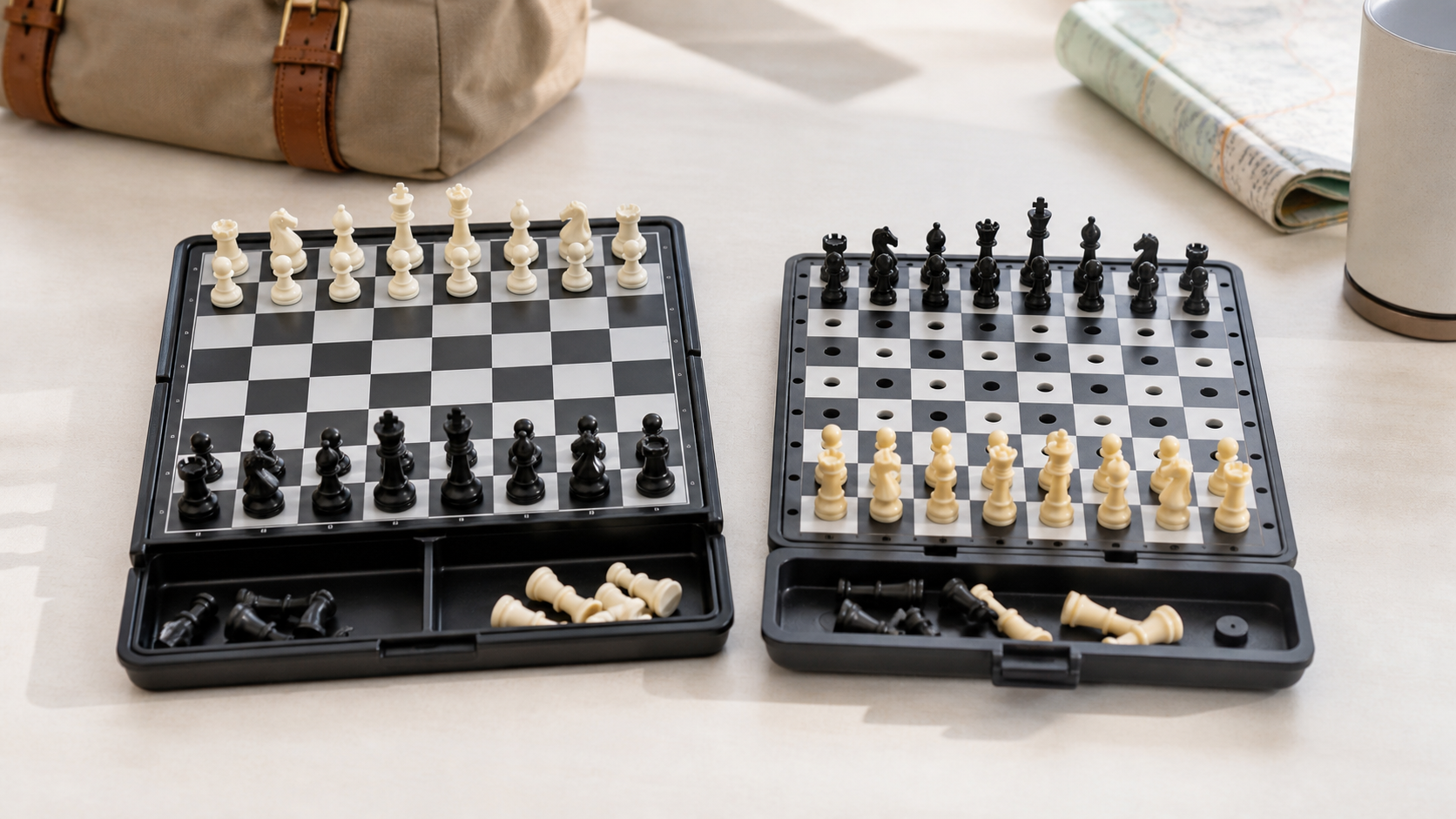 Open magnetic travel chess set and peg travel chess set compared side by side, showing their different piece-retention systems and storage cases