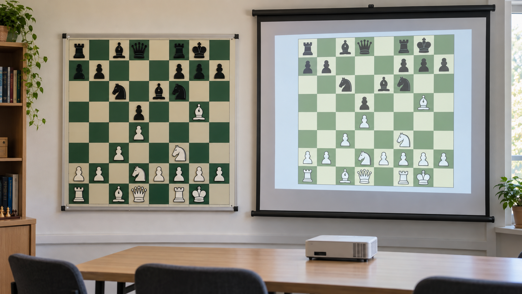 A large magnetic wall chess board beside a projection screen showing a digital chess board for a club analysis session