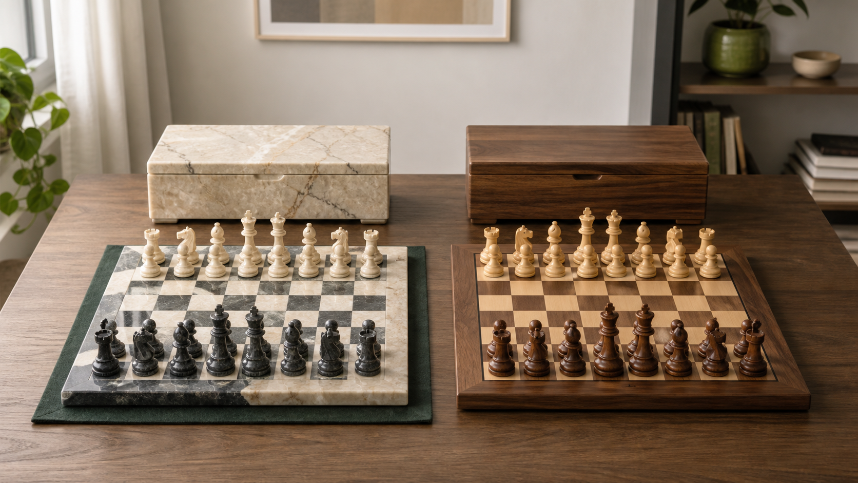 A light-and-dark marble chess set on a protective mat beside a contrasting wooden chess set, with storage boxes behind both boards