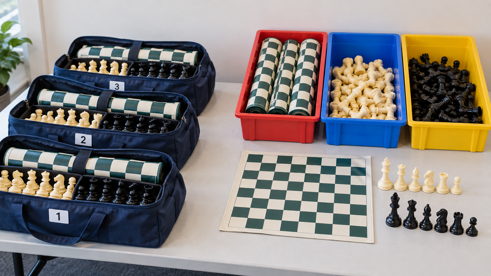 Three navy chess equipment bags labeled one, two, and three beside red, blue, and yellow bins holding roll-up boards and separated light and dark chess pieces