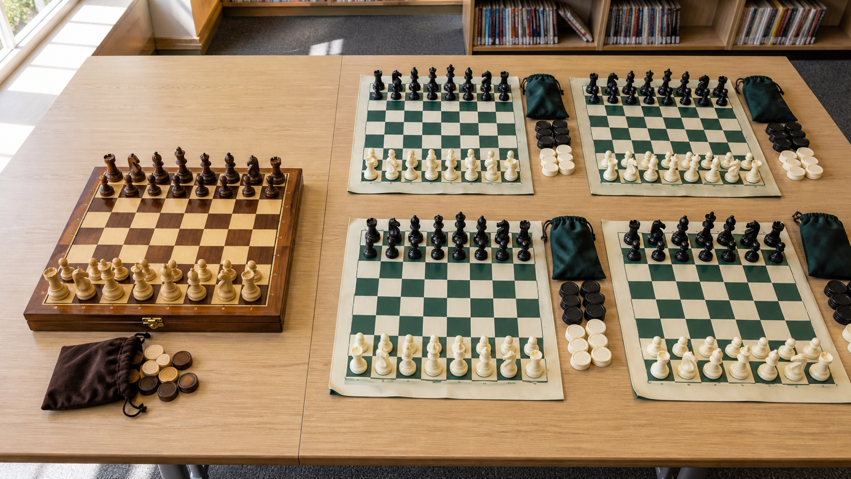 One wooden chess and checkers set beside four practical club sets, showing the tradeoff between finish and player capacity
