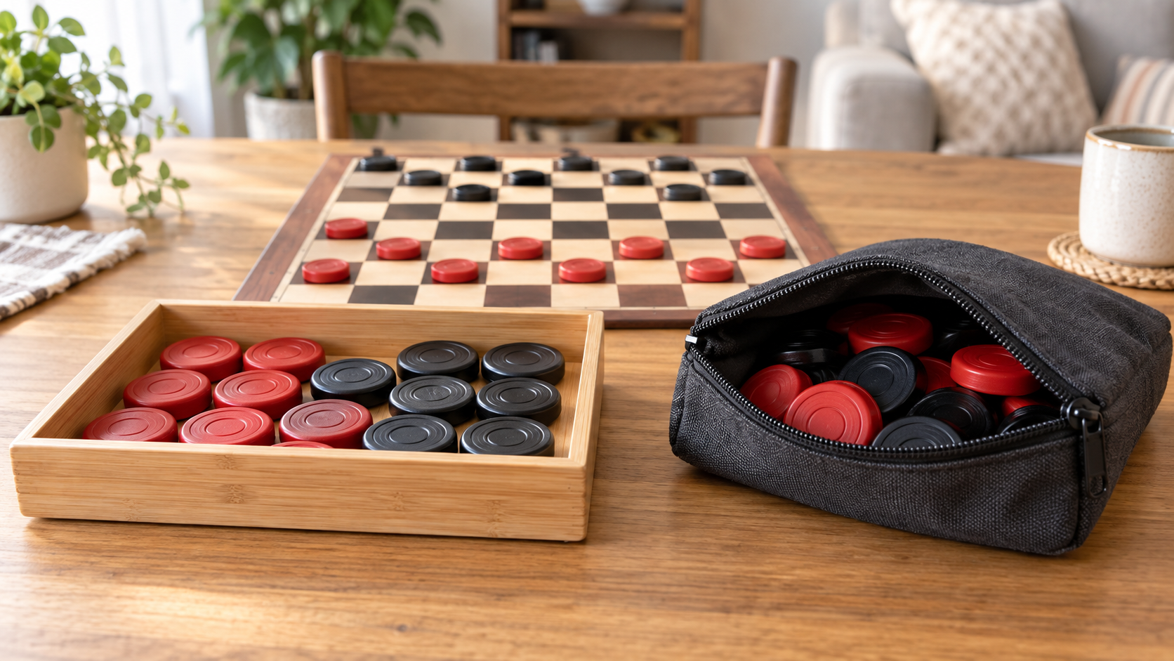 Red and black checkers sorted in a shallow open wooden tray and visible inside an open black zippered pouch beside a family checkerboard